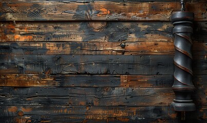 Naklejka premium Vintage barber pole on a wooden backdrop with ample space for text.