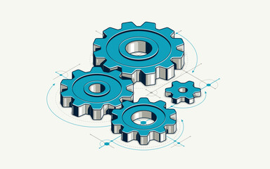 Invention renovation and development concept, gears and cogs with cad engineering drawing isometric 3D vector illustration, technology theme, machinery and engine creation.