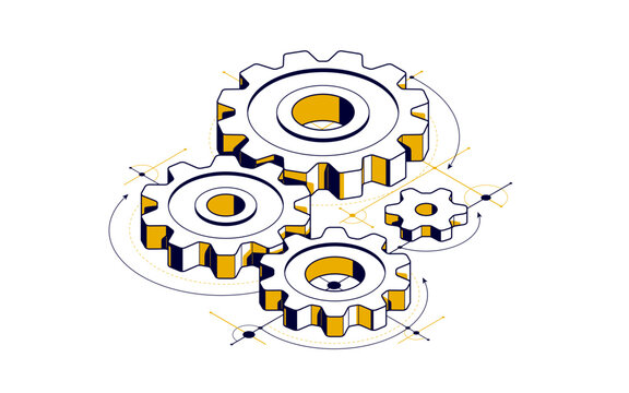 recommend clip art: Mechanical engineering concept, gears and cogs with project drawing draft isometric 3D vector illustration, cogwheels system technology and technics machinery engine.