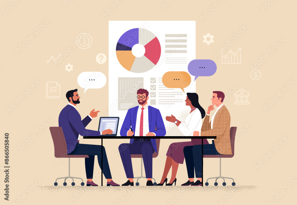 Aufkleber Business Discussion. Vector cartoon illustration in a flat style of a group of diverse people leading a discussion at a table near a whiteboard with charts and graphs. Isolated on background 