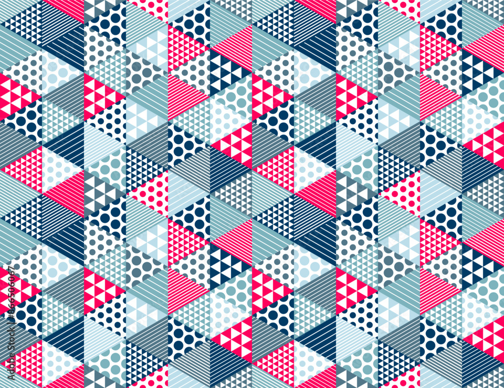 Poster geometric 3d seamless pattern with cubes, rhombus and triangles boxes blocks vector background, arch