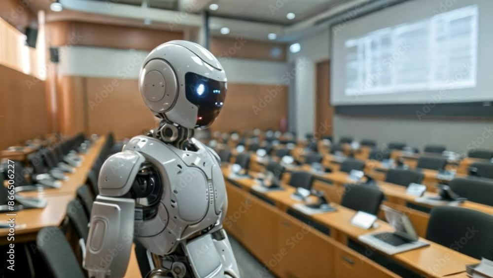 Aufkleber a white robot stands in a conference room with rows of empty seats and desks.