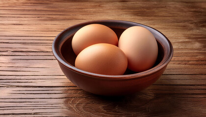 Three eggs in a ceramic bowl, rustic kitchen table, recipe home cooking ingredient