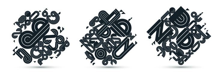 Abstract geometric composition vector designs set, black and white abstraction isolated on white, modern style shapes illustration art collection.