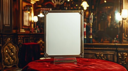 Classic blank menu frame on a red velvet table in a speakeasy bar, vintage style.
