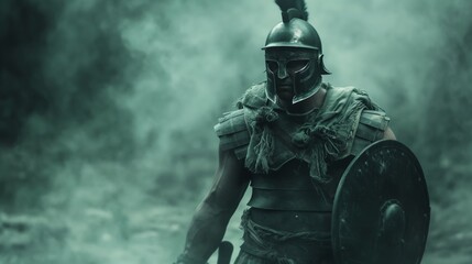 Ancient Roman Soldier in Full Armor with Shield and Helmet in a Smoke-Filled Battlefield