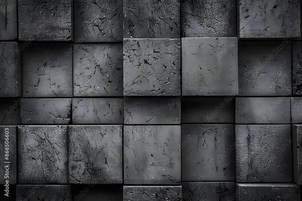 Poster a black and white photo of a wall made of gray blocks. the blocks are arranged in a grid pattern, wi