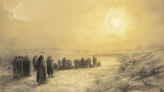 Exodus:Manna and Quail,Biblical Illustration: Exodus Miraculous Appearance of Manna, Israelites Collecting, Dawn, Frost, Divine Provision, Beige Background, Copyspace