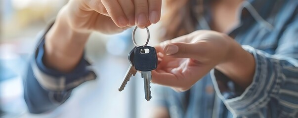 Real Estate Agent Handing House Keys to Excited Young Couple New Homeowners Celebrate Loan Approval