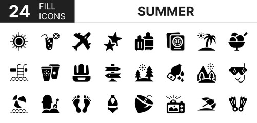 Collection of 24 summer fill cons featuring editable strokes. These outline icons depict various modes of summer, travel, sea, set, mountain, vacation, tour, element, 