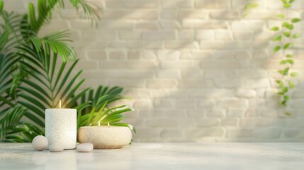 A luxurious spa interior designed in brown hues with minimalistic elements and generous copy space. The tranquil setting is ideal for showcasing spa treatments and relaxation concepts.