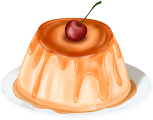 A pudding topped with a red cherry.