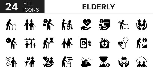 Fototapeta premium Collection of 24 elderly fill icons featuring editable strokes. These outline icons depict various modes of elderly, senior, person, invalid, retirement, caregiver, health, nursing,