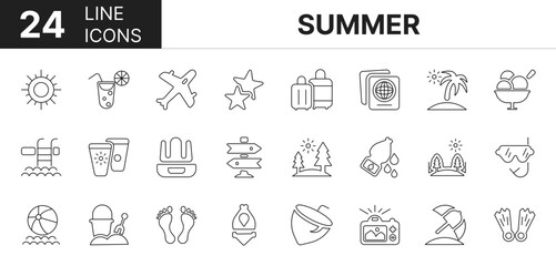 Collection of 24 summer line icons featuring editable strokes. These outline icons depict various modes of summer, travel, sea, set, mountain, vacation, tour, element, 