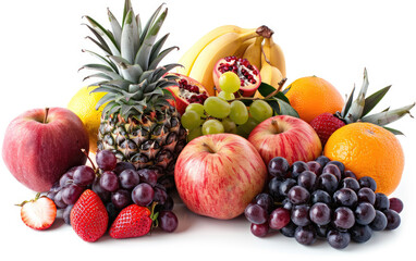 Fruit still life, with pineapple in the center surrounded by apples and bananas on one side, grapes on another side. Created with Ai