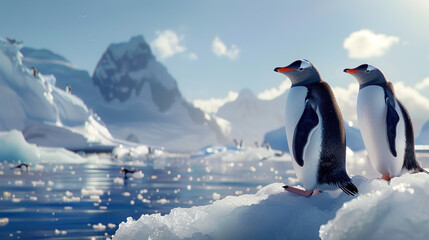 Obraz premium Antarctic Ice and Snow World: Sunlit Penguins Amidst Icebergs and Oceans