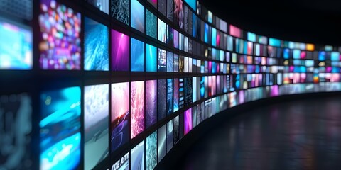 Incorporating a diverse array of TVs to enhance presentations on technology, entertainment, and media concepts. Concept Technology Integration, Entertainment Industry, Media Topics, Diverse TV Usage