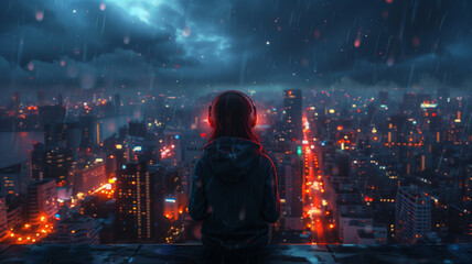 Fototapeta premium A young girl sitting on a rooftop with headphones listening to music, comic style illustration with dark color scheme, background, wallpaper, backdrop