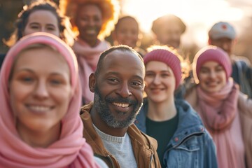 Diverse group of smiling people walking for cancer awareness, with pink and headscarves. Man in the center is looking at camera, front view. Sunlight creating a warm atmosphere. Canon EOS R5 style