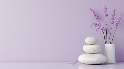 A soothing spa setting featuring a minimalist design in calming purple tones, ideal for promoting wellness and relaxation with generous copy space.