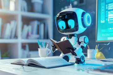 A cute robot sitting at a desk, reading a notebook, blending futuristic technology with endearing cartoon charm.