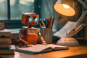 A cute robot sitting at a desk, reading a notebook, blending futuristic technology with endearing cartoon charm.