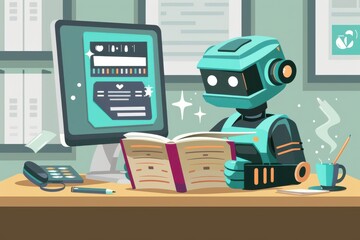 A cute robot sitting at a desk, reading a notebook, blending futuristic technology with endearing cartoon charm.