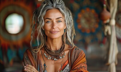 Mature woman with dreadlocks smiles at the camera, embracing her bohemian lifestyle of freedom and individuality.