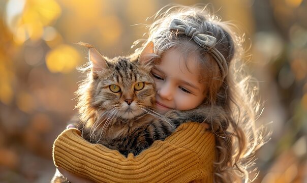 Toddler girl cuddles adorable tabby cat with yellow eyes, hugging her long hair kitty on a sunny autumn day, surrounded by warm sunshine. (146 characters)