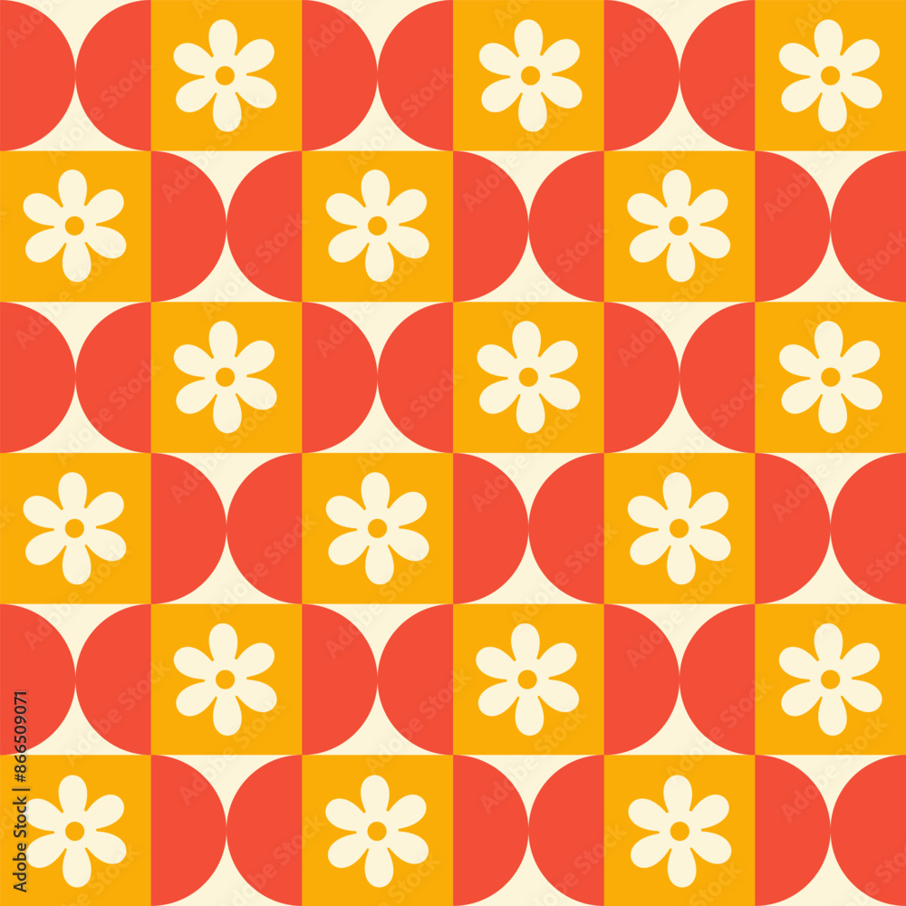 Aufkleber trendy retro geometric seamless pattern with colorful semicircles and flowers on a checkered backgro