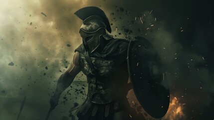 Fototapeta premium Fierce Spartan Warrior with Shield and Helmet Amidst Battle Smoke and Debris