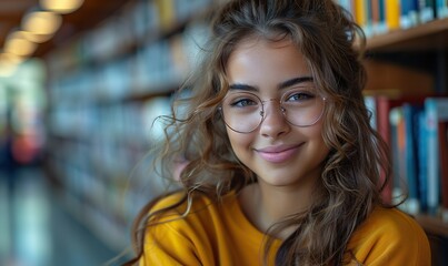 Obraz premium Teen girl at library, studying diligently for upcoming semester exams. Semester has just opened, and she's determined to succeed.
