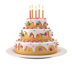 3d cartoon birthday cake with candles on white plate, isolated on transparent background