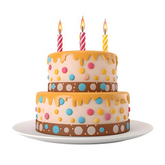 3d cartoon birthday cake with candles on white plate, isolated on transparent background