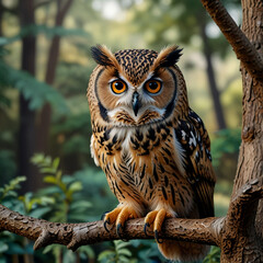 Fototapeta premium A wise owl sits on a tree branch in the forest