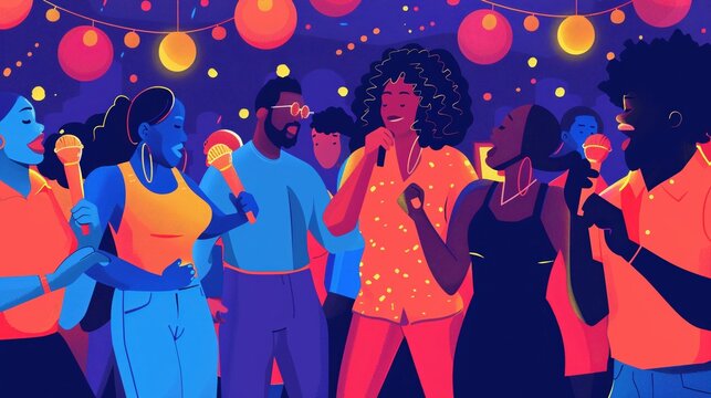 imagine prompt A group of friends hosting a Juneteenth themed karaoke night, with everyone singing along to their favorite songs