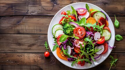 Assorted vegetable salad on white plate with wooden background Top view