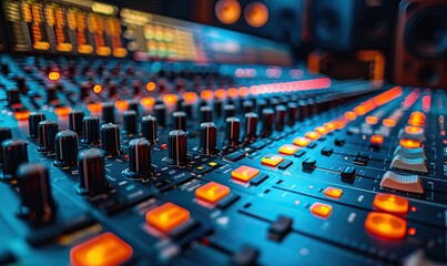 Fototapeta premium Intricate audio equipment in a professional sound studio, featuring a streaming or recording session's audio mixing console. Shallow depth of field highlights close-up channel faders.