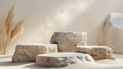 Four empty product podium. Mockup with four stone, Minimal scene, copy space