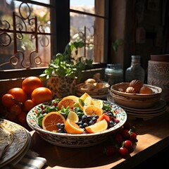 Healthy breakfast with fresh fruits and vegetables on rustic wooden table