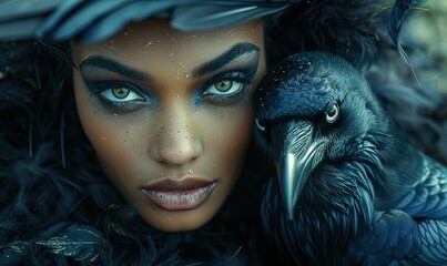 Whispering secrets in the smoky dark, a raven minion conspires with a captivating witch, her gaze alluring against a haunting black backdrop.