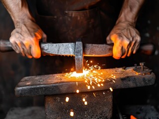 Blacksmith at work, forging hot metal with a hammer. Sparks fly as intense heat and force shape the iron on the anvil.
