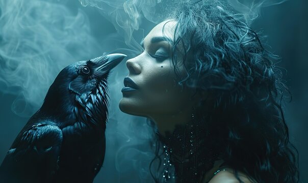 Whispering secrets in the smoky dark, a raven minion conspires with a captivating witch, her gaze alluring against a haunting black backdrop.