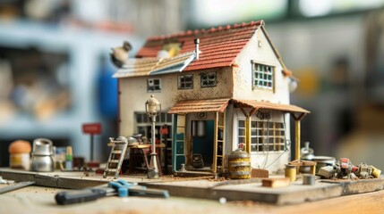 Obraz premium Detailed model of a small, rustic house with various miniature objects surrounding it, capturing a nostalgic and charming scene.