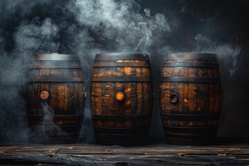 A dramatic scene of three wooden barrels arranged in a row with smoke rising from them, set against a dark background, creating an atmospheric and mysterious ambiance.