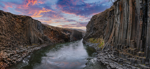 Aerial view of the Studlagil Canyon. Beautiful view of Jokulsa A Bru river. Superb outdoor scene of Iceland, Europe. Beauty of nature concept background.