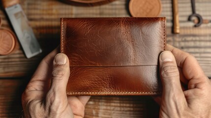 Hands holding a handcrafted brown leather wallet on a wooden table, surrounded by leather crafting tools and accessories.