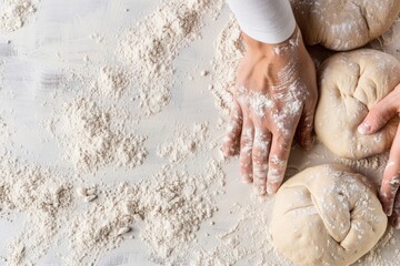 Fototapeta premium Hands kneading dough on a floured surface. Fresh bread preparation in a rustic kitchen setting. Artisan bakery concept with raw ingredients.