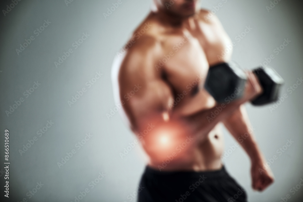 Poster Person, dumbbell and elbow injury in studio, profile and bone for weightlifting, power or health by white background. Man, bodybuilder and red glow for pain, overlay and accident for joint in workout