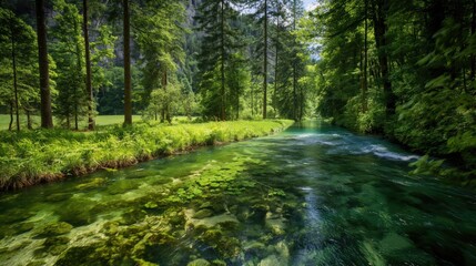 Obraz premium A lush green forest with a crystal-clear river flowing through it, surrounded by tall trees.